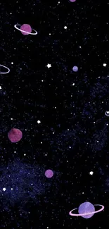 Purple planets on a black starry background wallpaper.