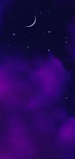 Purple galaxy wallpaper with crescent moon and stars.