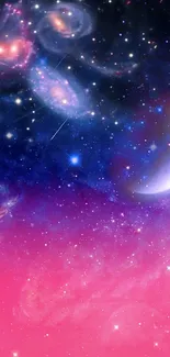 Pastel galaxy wallpaper with crescent moon and stars in pink and blue hues.