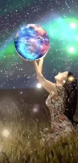 Woman holding Earth with starry galaxy background on phone wallpaper.