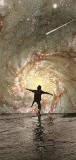 A child silhouetted against a swirling galaxy.