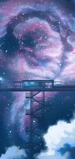 Surreal galaxy scene with station and clouds.