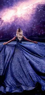 A woman in a flowing dress stands under a stunning galaxy sky.