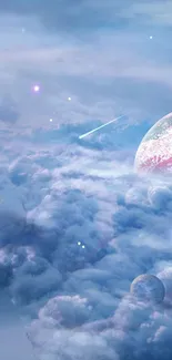 A surreal galaxy scene with clouds and planets in a soft blue sky.