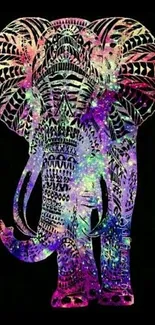 Artistic galaxy elephant with vibrant colors and intricate patterns on a dark background.