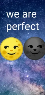 Galactic night sky with smiling emojis and inspiring text.