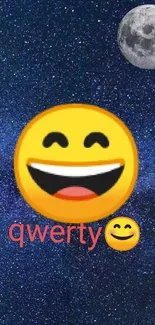 Galaxy-themed wallpaper with happy emoji and moon.