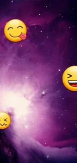 Galaxy scene with expressive emojis on a space-themed mobile wallpaper.