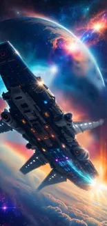 Vibrant spaceship soaring through a colorful galaxy in deep space.