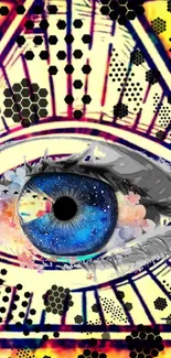 Abstract galaxy eye with geometric patterns in vibrant art design.