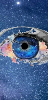 Galaxy-themed eye with floral accents on a starry digital background.