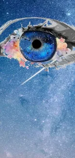 Surreal galaxy eye art on blue background