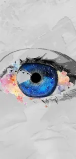 Artistic galaxy-themed eye with colorful flowers.