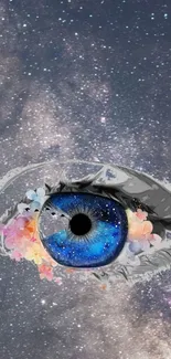 Artistic cosmic eye with galaxy background in a mobile wallpaper design.