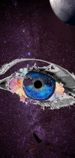 A galaxy-themed eye with colorful flowers against a starry purple backdrop.