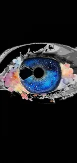 Blue galaxy eye with pastel flowers on black background.