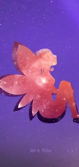 Magical galaxy fairy silhouette on a starry purple background.