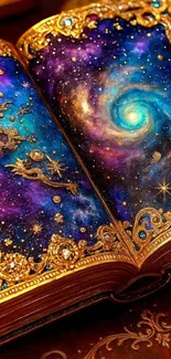 Open book with a galaxy swirling inside, filled with stars and vibrant colors.