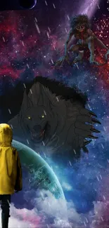 A child in a yellow coat faces cosmic creatures in a vibrant galaxy scene.