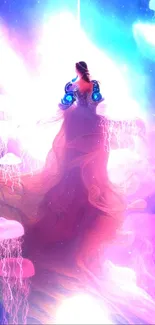 Fantasy figure in a gown against a galaxy backdrop, vibrant and colorful.