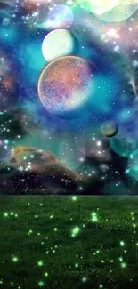 Vibrant galaxy fantasy wallpaper with planets and a starry backdrop.