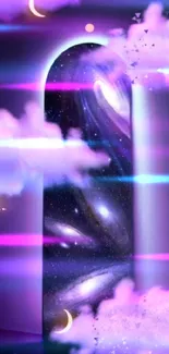 Ethereal fantasy wallpaper featuring a cosmic doorway and dreamy purple clouds.