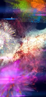 Colorful galaxy and fireworks abstract mobile wallpaper.