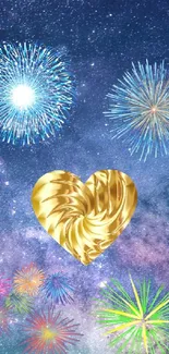 Galaxy backdrop with fireworks and golden heart wallpaper