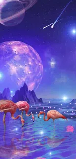 Flamingos under a cosmic purple night sky with planets.