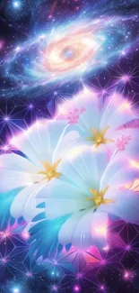 Vibrant galaxy with glowing flowers wallpaper.