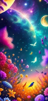 Fantasy galaxy floral scene with vibrant colors.