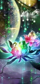 Fantasy cosmos with vibrant flowers and planets.