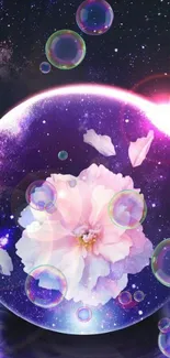 Galaxy and flower themed wallpaper with purple and pink hues.