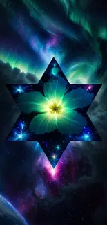 Mobile wallpaper featuring a star-shaped galaxy with a glowing flower in the center.