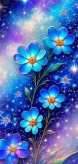 Galaxy background with blue flowers and stars.