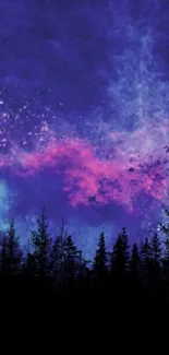 Galaxy-themed wallpaper with forest silhouette and starry sky.