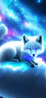 Galaxy-themed wallpaper with fox on clouds.