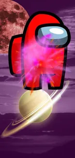 Red game character floating with cosmic elements on a purple background.