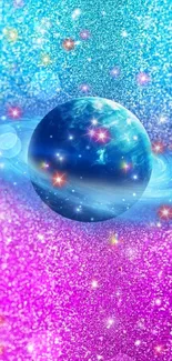 Blue and purple galaxy glitter wallpaper with stars and a central planet.