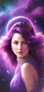 Galaxy goddess with vibrant purple hair in cosmic surroundings.