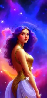 Galaxy-inspired wallpaper of celestial goddess with a vibrant cosmic background.