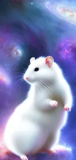 Galaxy-themed wallpaper with a cute white hamster.