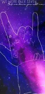 Vibrant galaxy hand gesture with cosmic background.