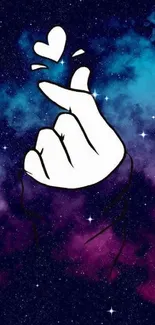 Galaxy-themed mobile wallpaper with hand gesture.