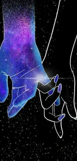 Galaxy-inspired hands intertwined in cosmic theme.