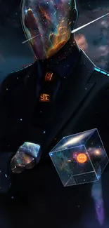 Galaxy-headed figure in suit with cosmic cube.