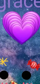 Purple heart with galaxy background and emoji accents.