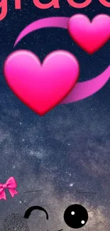 Galaxy background with heart emojis and "grace" text on mobile wallpaper.