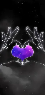 Galaxy heart hand art on a dark celestial background.