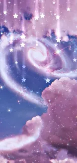 Heart-shaped galaxy in pink clouds wallpaper.